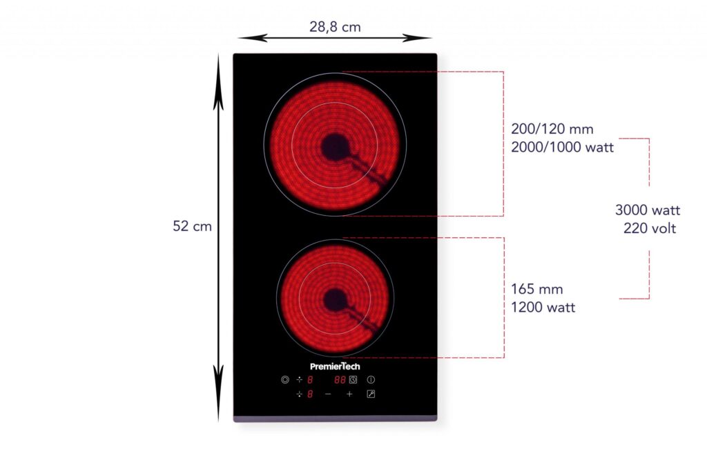 PT-PC2C PremierTech Piano Cottura Vetroceramica 30cm Elettrico 2 Fuochi Display Led Touch Control Vetro Front smussato