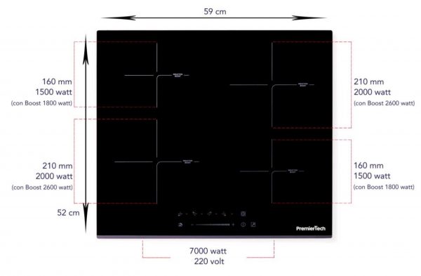 PT-PC4I PremierTech Piano Cottura a Induzione da incasso 4 Zone 60cm 7000watt Slide Touch Control Funzione Boost Led Display Vetro Front Edge