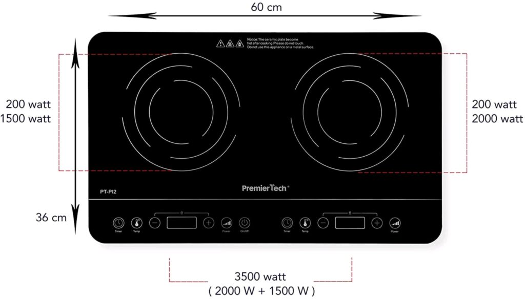 PT-PI2 Piastra a Induzione Doppia Fornello Controlli Touch Display led 10 livelli di potenza 200>3500watt Timer 180min ultra slim  PremierTech