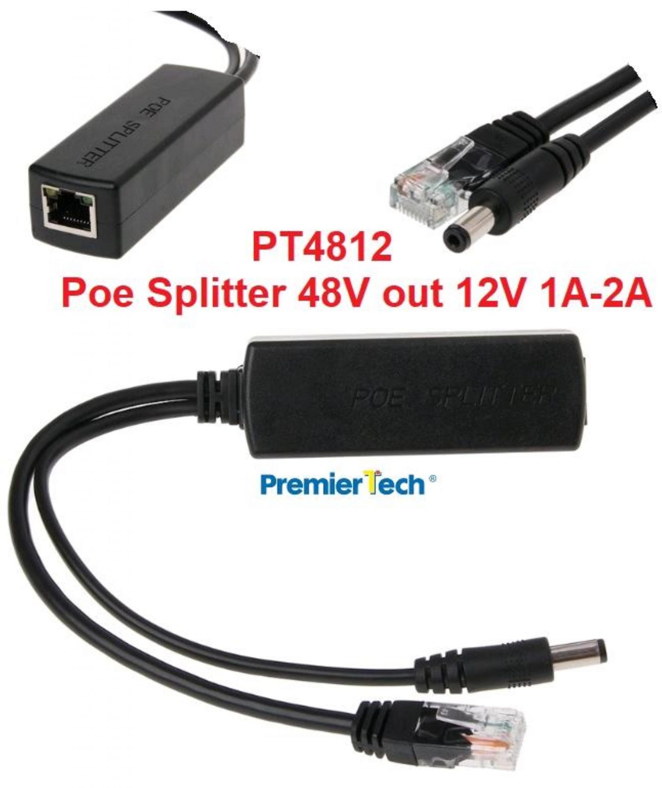 POE Splitter 48V RJ45 PowerOut 12V 1A-2A IEEE802.3AF - PT4812 PremierTech