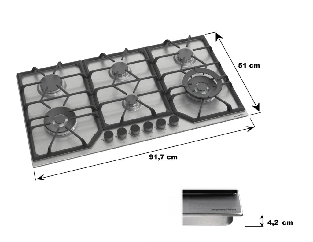 PremierTech® PremierTech PC906 Piano Cottura a Gas a 6 fuochi da 90 cm doppio Wok in Acciaio Inox