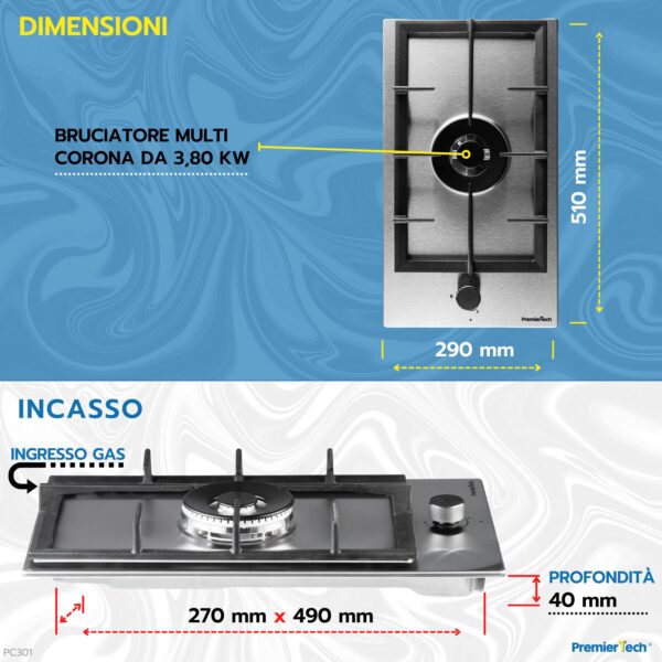 PremierTech® PremierTech PC301 Piano cottura a gas 1 fuoco 30cm Inox mono fiamma
