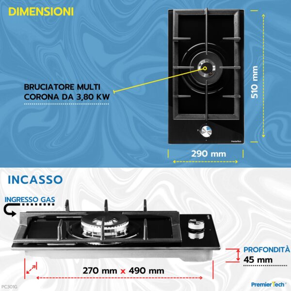 PremierTech PC301G Piano Cottura a Gas 1 fuoco 30cm Vetro Nero 1 bruciatore Griglie in Ghisa