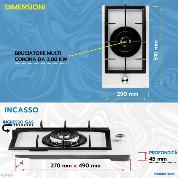 PremierTech PC301GW Piano Cottura a Gas 1 fuoco 30cm Vetro Bianco 1 bruciatore griglie in ghisa