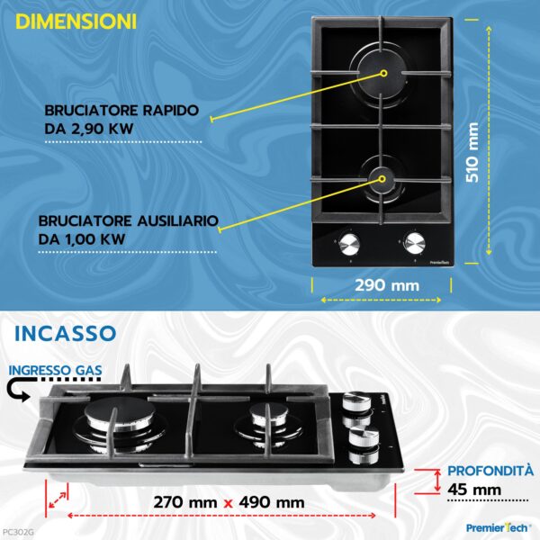 PremierTech PC302G Piano Cottura a Gas Domino 2 fuochi 30cm Vetro Nero