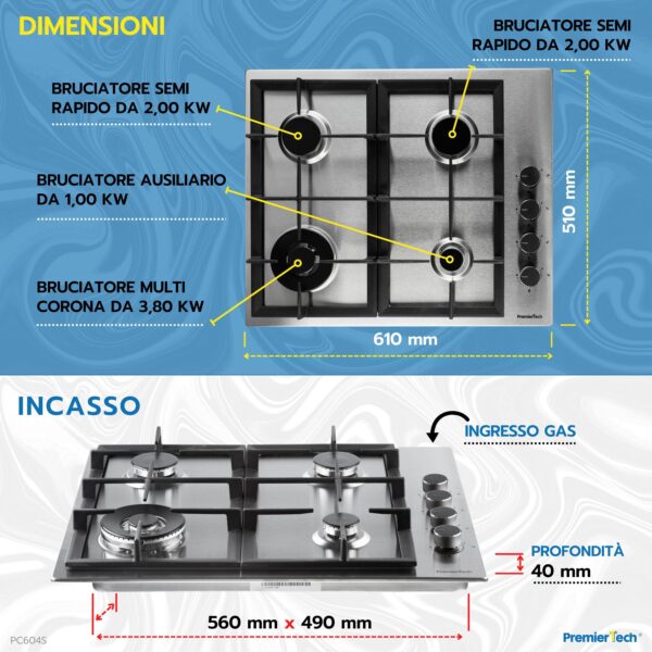 PremierTech PC604S Piano cottura a gas da 60cm a 4 fuochi con Wok in acciaio Inox griglie in ghisa
