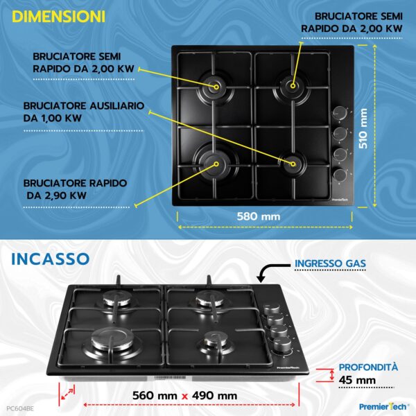 PremierTech® PremierTech PC604BE Piano cottura a Gas Nero 4 fuochi 60cm Smaltato nero opaco