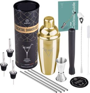 Papuya RE MIX ORO Cocktail Shaker Oro Set Barman Professionale 750ml Acciaio Inox Completo Kit Accessori