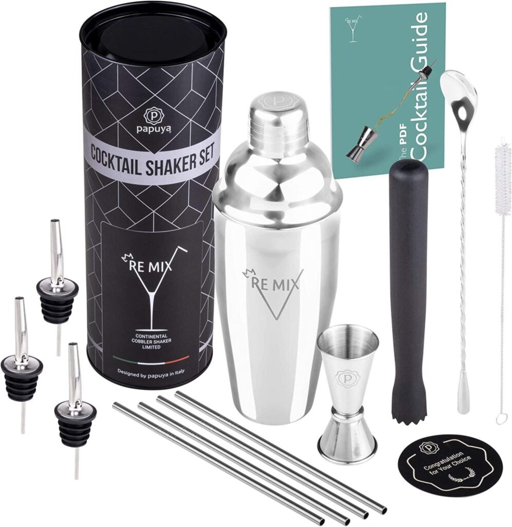 Papuya RE MIX SILVER Cocktail Shaker Silver Argento Set Barman Professionale 750ml Acciaio Inox Completo Kit Accessori
