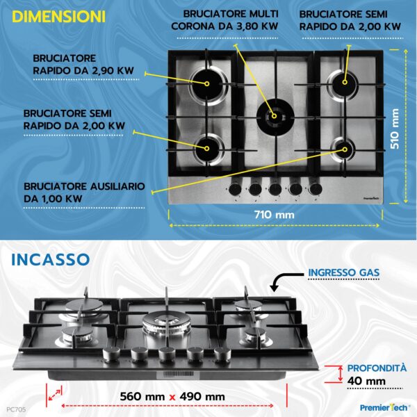 PremierTech PC705 Piano Cottura a Gas da 70cm 5 fuochi in acciaio Inox con Wok supporti in Ghisa