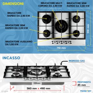 PremierTech PC705GW Piano Cottura a Gas 70cm 5 fuochi in Vetro Bianco con Wok supporti in ghisa