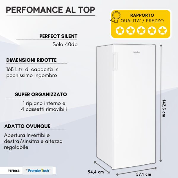 PremierTech PTFR168 Congelatore Verticale Freezer da 168 litri 4 Stelle **** Classe E