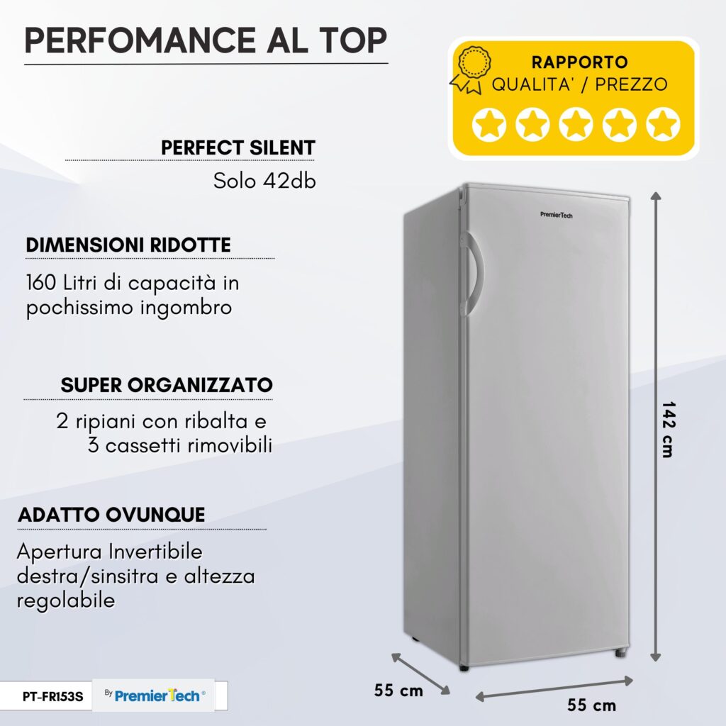 PremierTech PT-FR153S Congelatore Verticale Silver Freezer 160 litri -24°gradi Classe E 4**** Stelle 3 Cassetti e 2 Sportelli