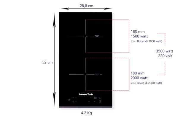 PT-PC2I PremierTech Piano Cottura Induzione 30cm 2 Fuochi da incasso Funzione Boost Touch Control Display Led Vetro Front Edge