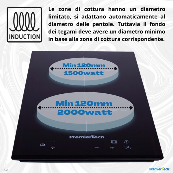PremierTech® PT-PC2I PremierTech Piano Cottura Induzione 30cm 2 Fuochi da incasso Funzione Boost Touch Control Display Led Vetro Front Edge