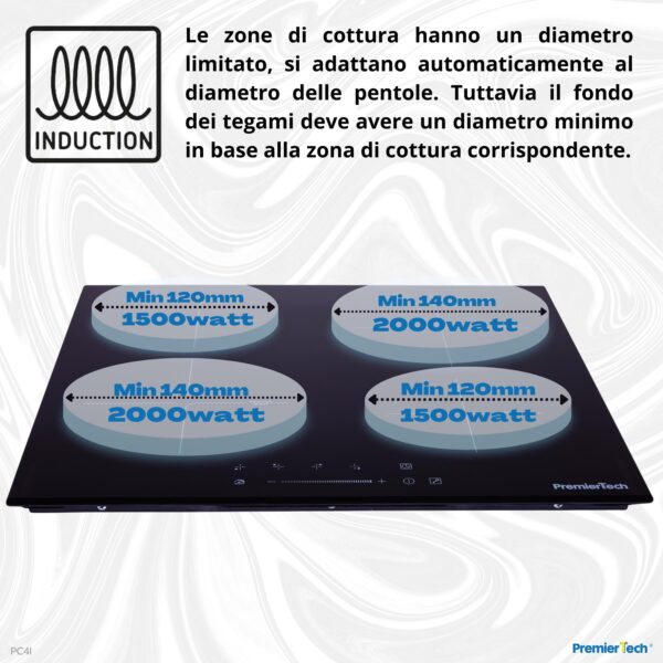 PremierTech® PT-PC4I PremierTech Piano Cottura a Induzione da incasso 4 Zone 60cm 7000watt Slide Touch Control Funzione Boost Led Display Vetro Front Edge