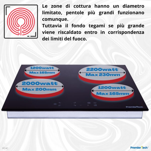 PremierTech® PT-PC4C PremierTech Piano Cottura 4 Fuochi Vetroceramica 60cm Elettrico da incasso Display Led Touch Control Vetro Front smussato