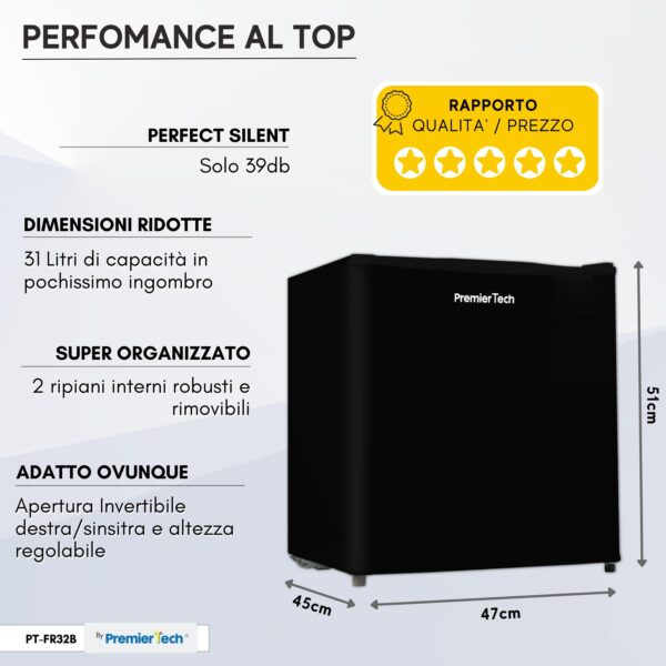 PremierTech PT-FR32B Mini Freezer Congelatore verticale 31 litri -24 gradi 4 Stelle **** Classe E 47 x 45 x 51cm 39dB BLACK