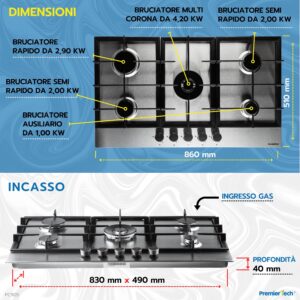 PremierTech PC905 Piano Cottura a Gas da 90cm (86cm) 5 fuochi Acciaio Inox griglie in ghisa professionali