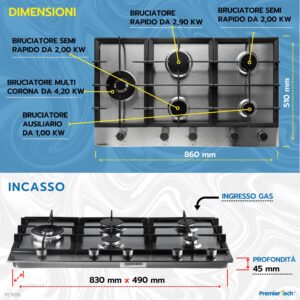 PremierTech PC905L Piano Cottura a Gas 5 fuochi 90cm (86cm) Acciaio Inox con Wok supporti in ghisa