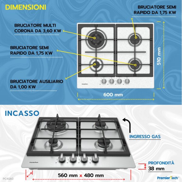 PremierTech® PremierTech Piano Cottura a Gas 4 fuochi da 60cm in Acciaio Inox 56x48 cm Griglie in Ghisa