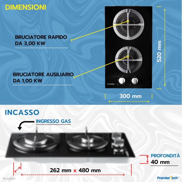 PremierTech PC2G30V Piano cottura a gas 2 fuochi 30cm Vetro