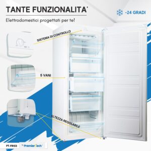 PremierTech PT-FR153 Congelatore Verticale Freezer 160 litri -24°gradi Classe E 4**** Stelle 3 Cassetti e 2 Sportelli