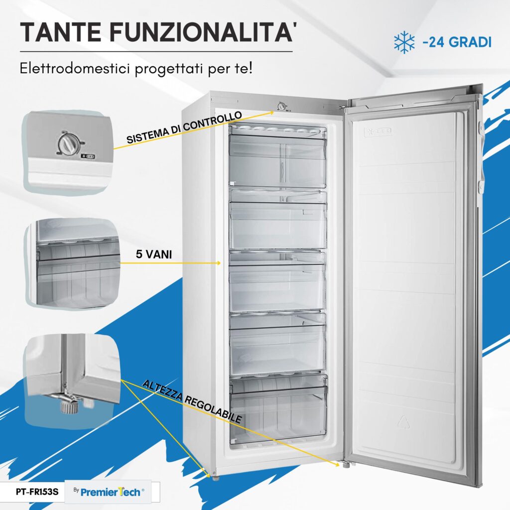 PremierTech PT-FR153S Congelatore Verticale Silver Freezer 160 litri -24°gradi Classe E 4**** Stelle 3 Cassetti e 2 Sportelli