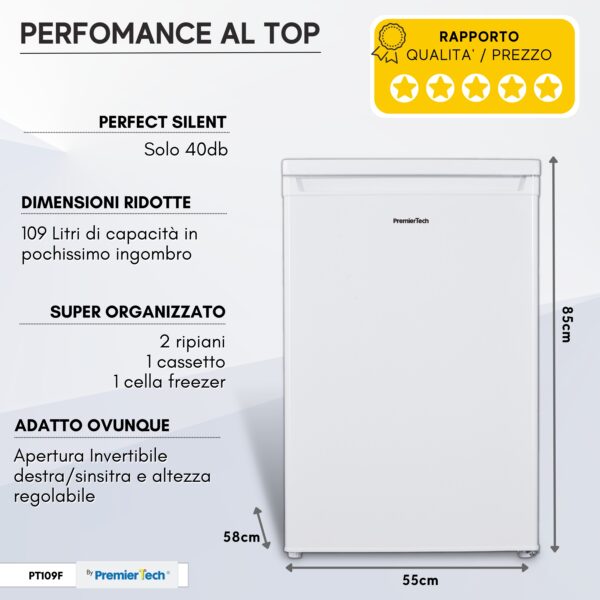 PremierTech PT109F Mini Frigorifero 109 litri 40dB Frigorifero per Ufficio Hotel B&B Stanze Classe E bianco