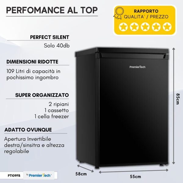 PremierTech Frigorifero 109 litri 40dB Frigorifero per Ufficio Hotel B&B Stanze Classe E Nero PT109FB