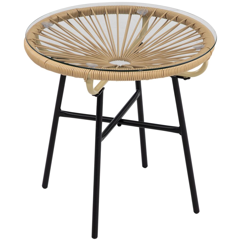 Oigger Tavolino da Giardino Rotondo Stile Boho in Rattan PE e Vetro