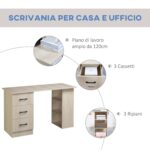 Scrivania PC Moderna per Camera con 3 Cassetti e 3 Scaffali in Legno per Casa e Ufficio 120x49x72cm