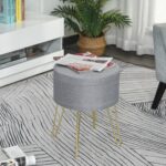 Sgabello Rotondo con Vano Contenitore in Tessuto Grigio e Oro 36x36x45cm