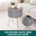 Sgabello Rotondo con Vano Contenitore in Tessuto Grigio e Oro 36x36x45cm