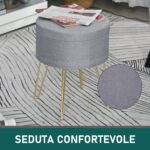 Sgabello Rotondo con Vano Contenitore in Tessuto Grigio e Oro 36x36x45cm