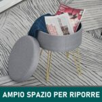 Sgabello Rotondo con Vano Contenitore in Tessuto Grigio e Oro 36x36x45cm