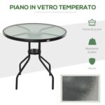 Tavolino da Giardino con Piano in Vetro Temperato e Foro per Ombrellone Acciaio ?80 x 72 cm Nero