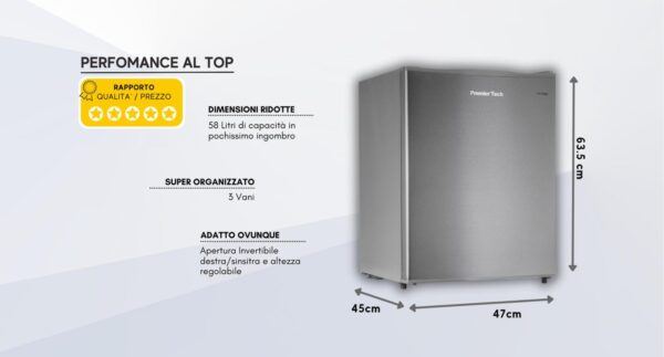 PremierTech PT-F60S Mini Frigo Silver 58 Litri Frigorifero Hotel Ufficio Casa 39dB Classe energetica E