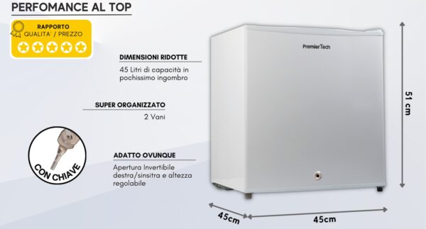 PremierTech Mini Frigo Bar 45 Litri Frigo Hotel Frigo Ufficio Classe E Bianco PT-F47K con chiave