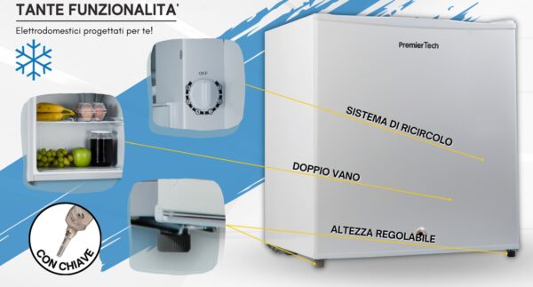 PremierTech Mini Frigo Bar 45 Litri Frigo Hotel Frigo Ufficio Classe E Bianco PT-F47K con chiave