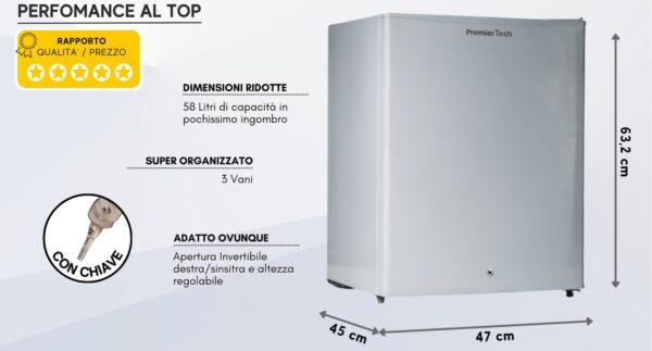 PremierTech PT-F60K Mini Frigo Bar con chiave Frigo Hotel Ufficio 58 Litri Classe E