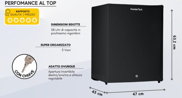 PT-F60BK PremierTech Mini Frigo Bar con chiave Nero 58 Litri E Frigo Bar Frigo Hotel Frigo Ufficio