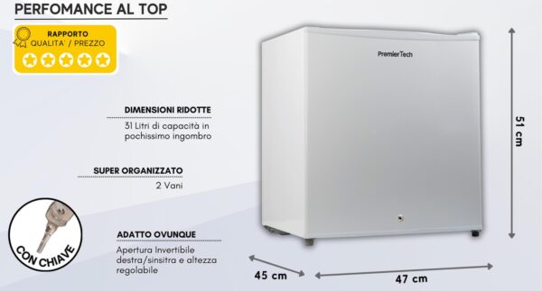PremierTech PT-FR32K Mini Freezer Congelatore verticale con chiave 31 litri -24 gradi 4 Stelle ****Classe E 47 x 45 x 51cm 39dB