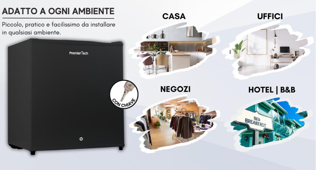 PremierTech PT-FR32BK Mini Freezer Congelatore verticale con chiave 31 litri -24 gradi 4 Stelle **** Classe E 47 x 45 x 51cm 39dB BLACK