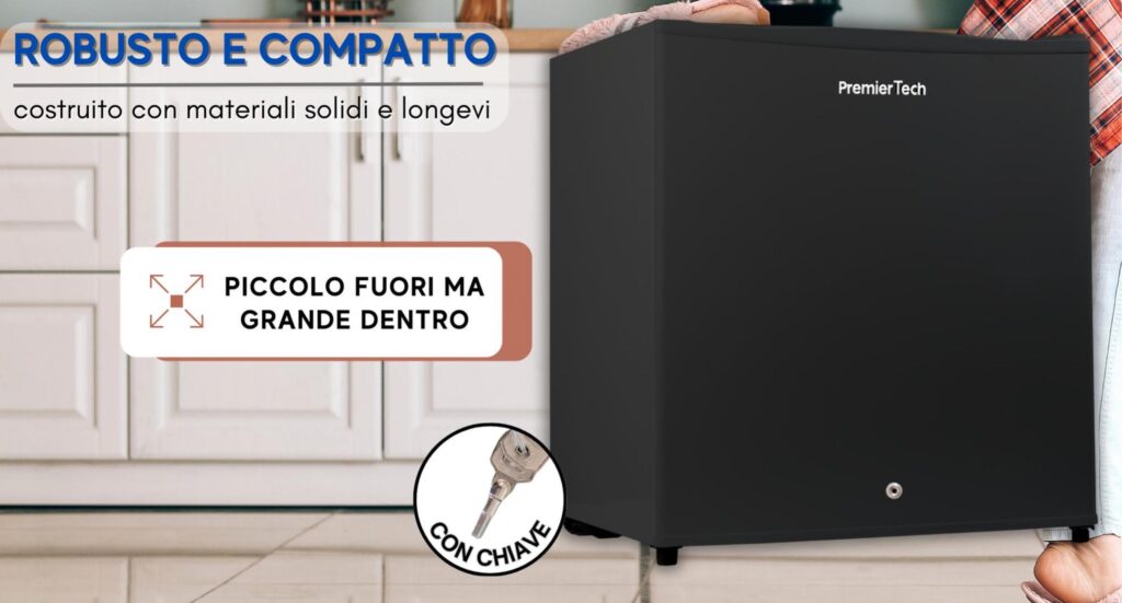 PremierTech PT-FR32BK Mini Freezer Congelatore verticale con chiave 31 litri -24 gradi 4 Stelle **** Classe E 47 x 45 x 51cm 39dB BLACK