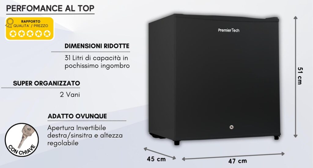 PremierTech PT-FR32BK Mini Freezer Congelatore verticale con chiave 31 litri -24 gradi 4 Stelle **** Classe E 47 x 45 x 51cm 39dB BLACK
