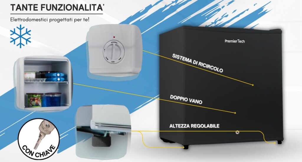 PremierTech PT-FR32BK Mini Freezer Congelatore verticale con chiave 31 litri -24 gradi 4 Stelle **** Classe E 47 x 45 x 51cm 39dB BLACK