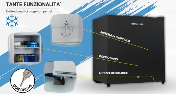 PremierTech PT-FR32BK Mini Freezer Congelatore verticale con chiave 31 litri -24 gradi 4 Stelle **** Classe E 47 x 45 x 51cm 39dB BLACK