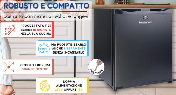 PremierTech Mini Frigo da Incasso 29L Bivalente 220V 12V con chiave PTF29LAD