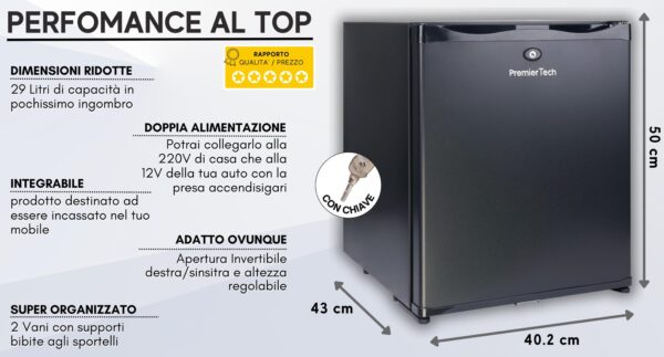 PremierTech Mini Frigo da Incasso 29L Bivalente 220V 12V con chiave PTF29LAD
